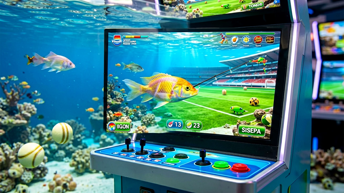 ငါးပစ်ဂိမ်းတင်းကီ၏ joystick၊ စက်ဝိုင်းပုံခလုတ်နှင့် ထိန်းချုပ်စနစ်များကို အနီးကပ်ကြည့်ရှုရသော ပုံ