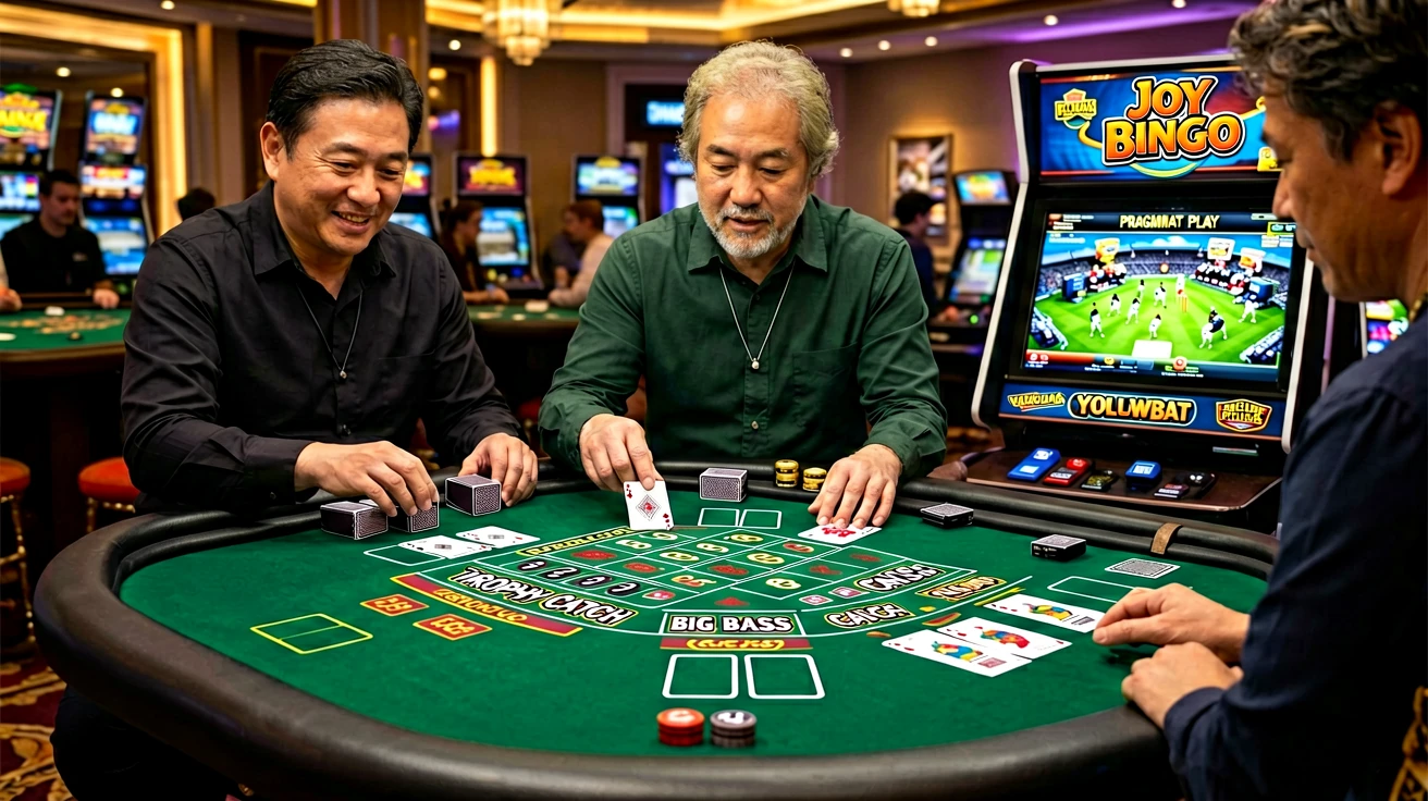 Casino floor တွင် slot machine bank များနှင့် arcade game screen များ တန်းစီထားသည့်ရှုခင်း၊ ကစားသူများ card table ဝန်းရံနေသည်