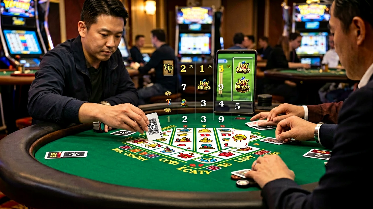 Live blackjack table တွင် dealer နှင့် ကစားသူများ ကတ်များကို ကိုင်တွယ်နေစဉ် နောက်ခံ mobile screen တွင် live game interface