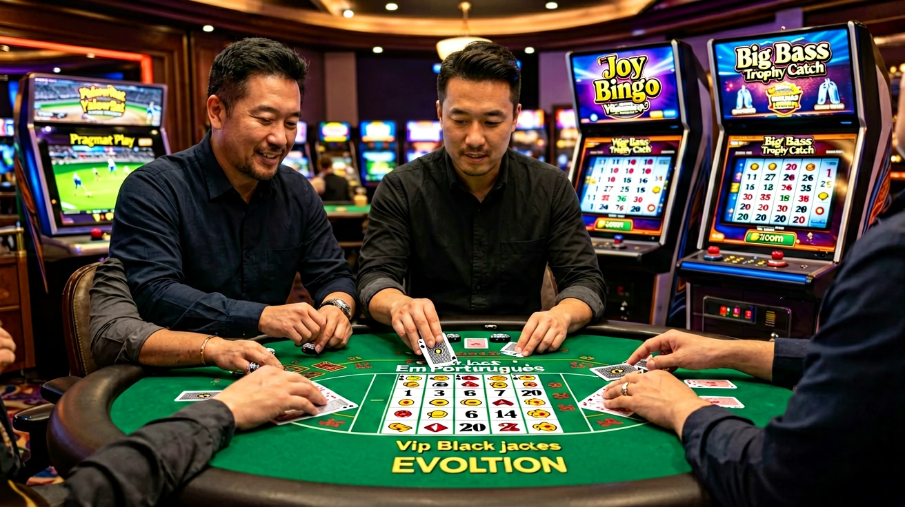 Casino table တွင် blackjack ကစားနေသူများနှင့် နောက်ခံတွင် slot machine screen များပေါ်ရှိ arcade ဂိမ်းနှင့် bingo interface