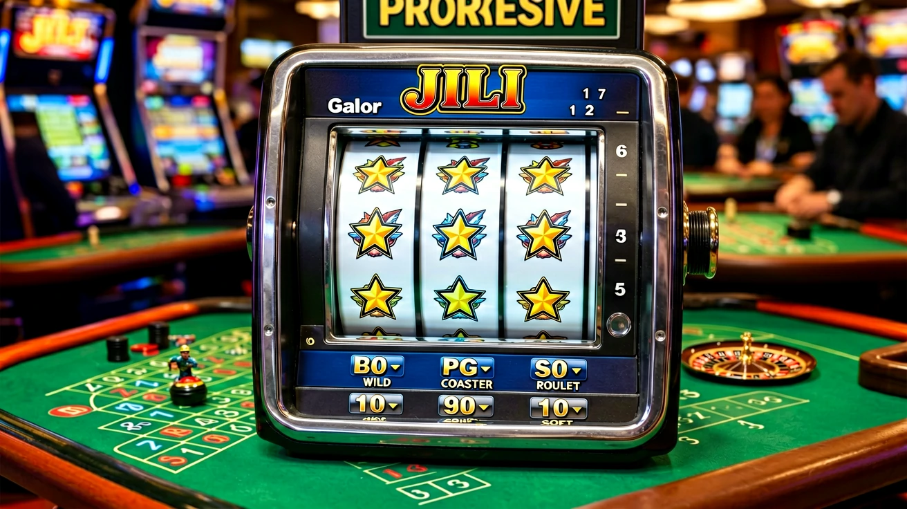 စိမ်းရောင် roulette စားပွဲပေါ်တွင် ကြယ်သင်္ကေတများ တန်းစီပြနေသည့် ရီလ်သုံးခုပါ slot စက်၊ ညာဘက်အစွန်းတွင် ဂဏန်းအမှတ်အသား ကော်လံနှင့် ဘေးတွင် roulette ဘီး