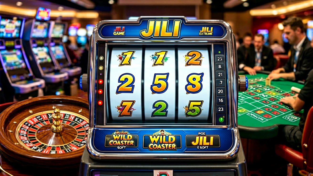 ရီလ်သုံးခုပါ slot စက်၏ မျက်နှာပြင်တွင် သင်္ကေတများနှင့် ဘေးဘက်ရှိ ဂဏန်းတိုင်မီတာ၊ ဘယ်ဘက်တွင် roulette ဘီးနှင့် နောက်ခံတွင် စားပွဲများ