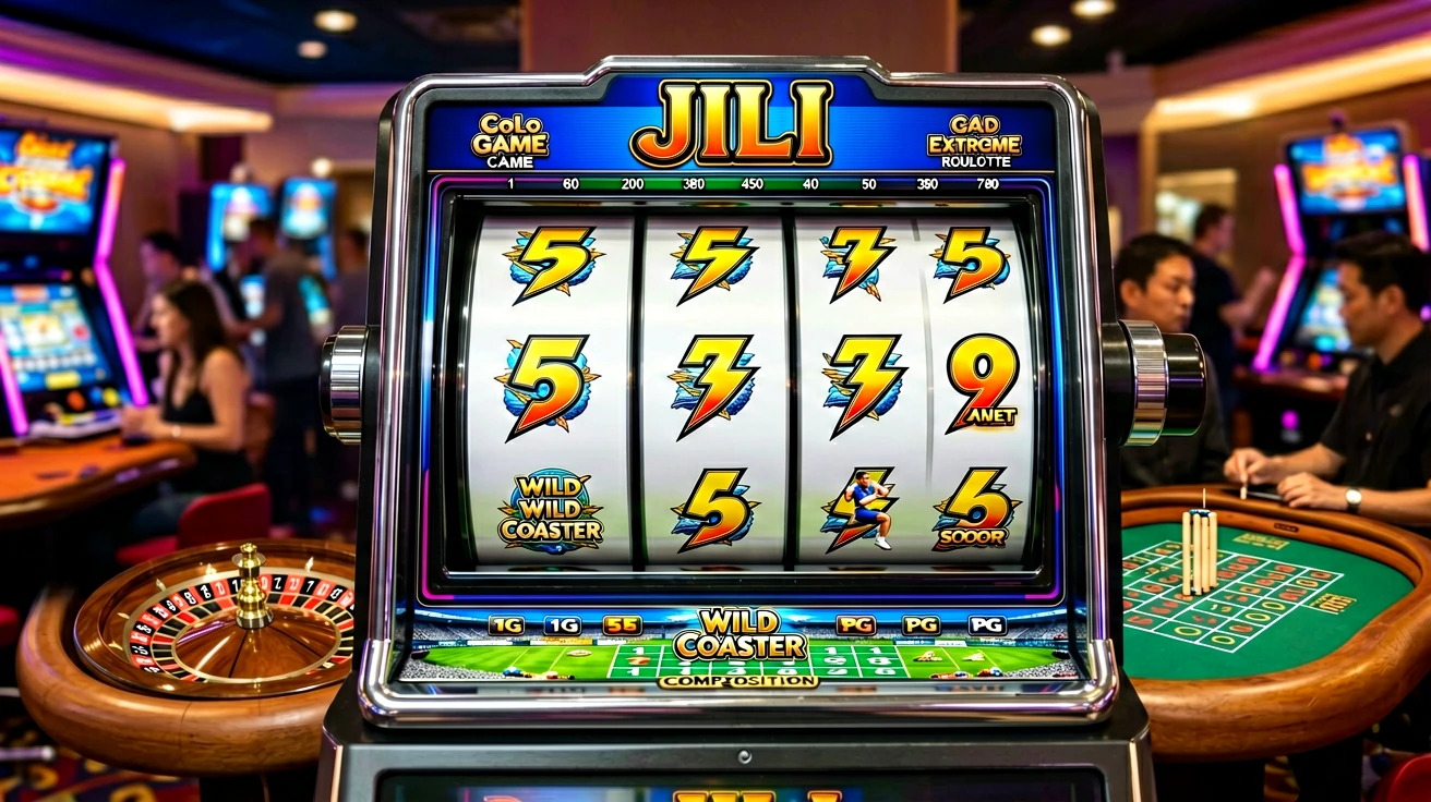 ရီလ်လေးခုပါ slot စက်၏ ရီလ်များတွင် ဂဏန်းသင်္ကေတများ ပြနေပြီး ဘယ်ညာတွင် roulette ဘီးနှင့် စိမ်းရောင် လောင်းကစားစားပွဲများ