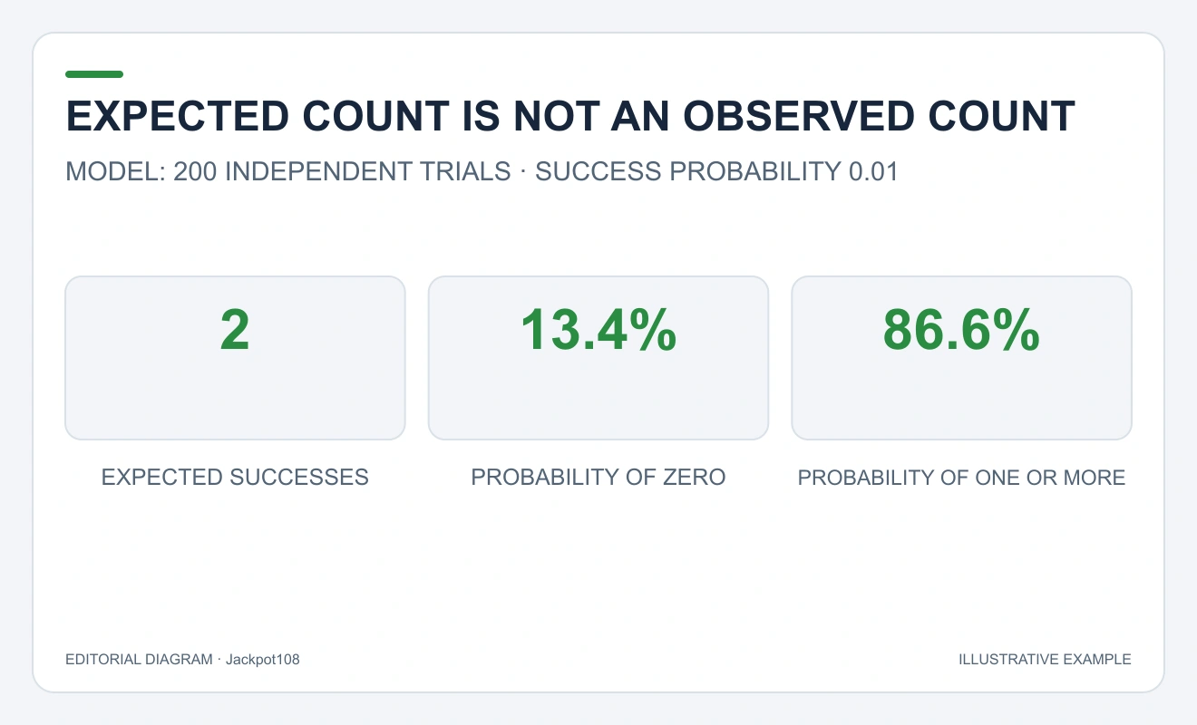 The fictional independent model has expectation2, zero-success probability13.4% and at-least-one probability86.6%.