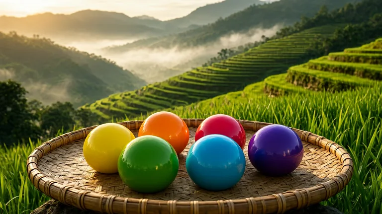 နေထွက်ချိန် မြူဆိုင်းနေသော ဖိလစ်ပိုင် တောင်ပေါ် လယ်ကွင်း လှေကားထစ်များ ရှေ့ရှိ ဝါး ဗန်းပေါ်မှ အရောင်စုံ ပြောင်လက်သော လုံးဝိုင်း ခြောက်လုံး