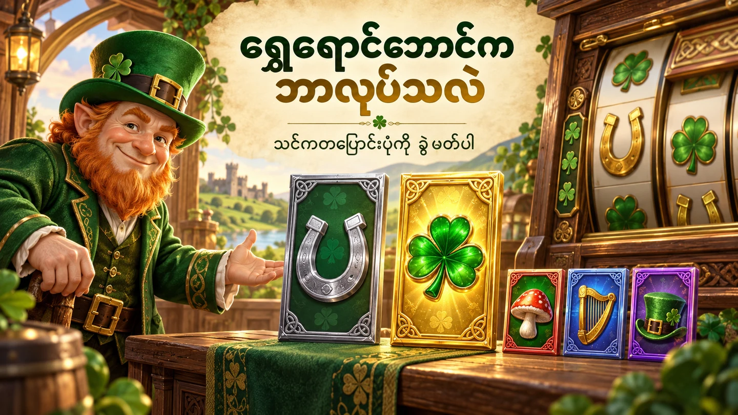 Leprechaun Riches ၏ ဘောင်ပါသင်္ကေတများကို အိုင်ယာလန် slot အပြင်အဆင်ဖြင့် ရှင်းပြထားသော သရုပ်ဖော်ပုံ